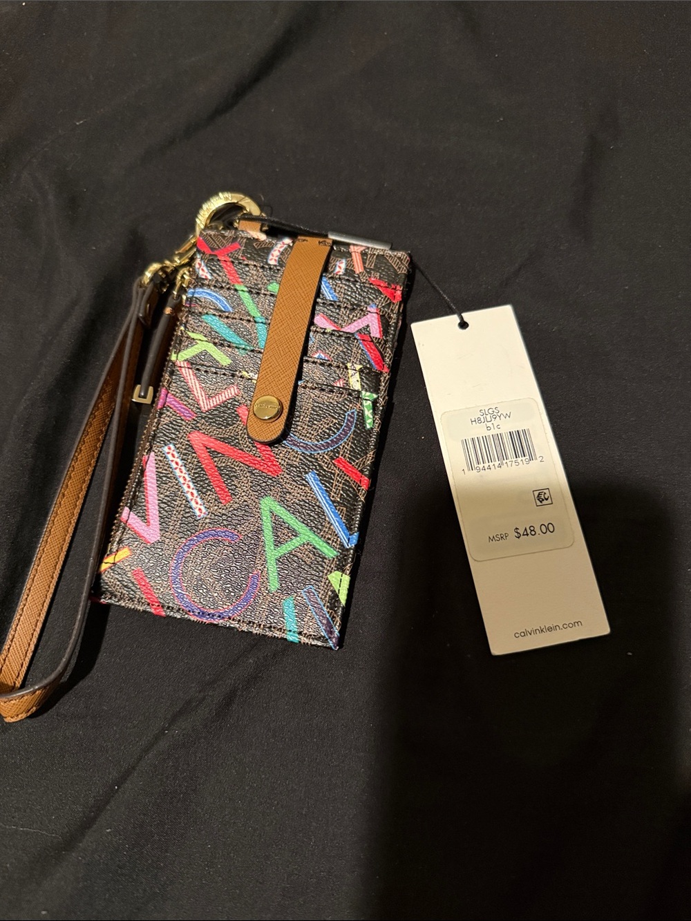 Calvin Klein Black Multicolor Wristlet Card Holder with Brown Strap